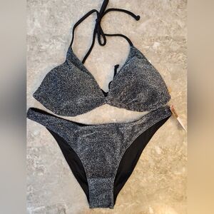 XL/XL PINK Swim Shimmer Triangle Bikini Top Brazilian Bikini Set